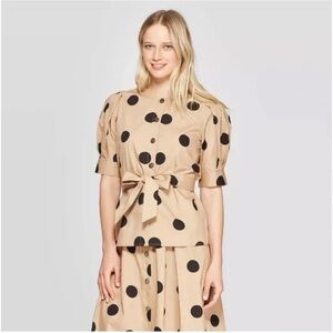 Who What Wear Tan Blouse with Black Polka Dots